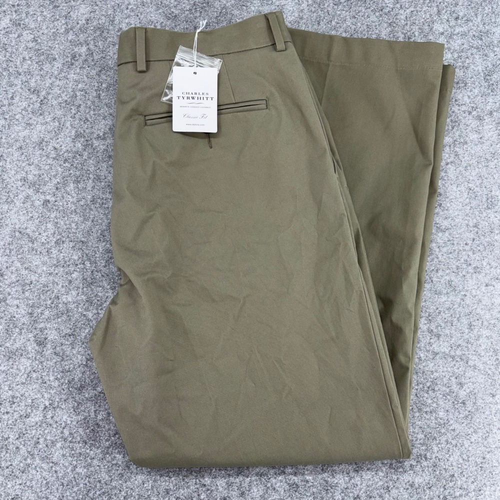 Charles Tyrwhitt Classic Fit Chino Pants Mens 34W 30L Olive Green Khaki Stretch